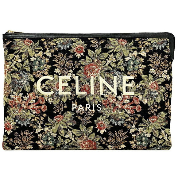 Celine Jacquard Bag Embroidered Floral Zipper Leather Clutch Black Pouch - Picture 1 of 8